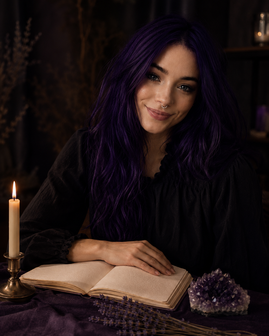 Nyx Vale writing by candlelight with an open journal, lavender and amethyst
